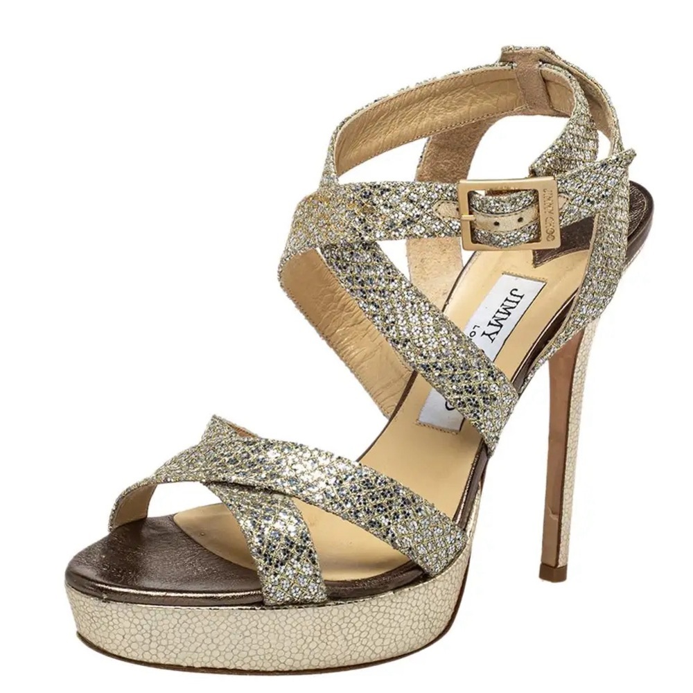 Jimmy Choo Metallic Gold Glitter Platform Sandal
